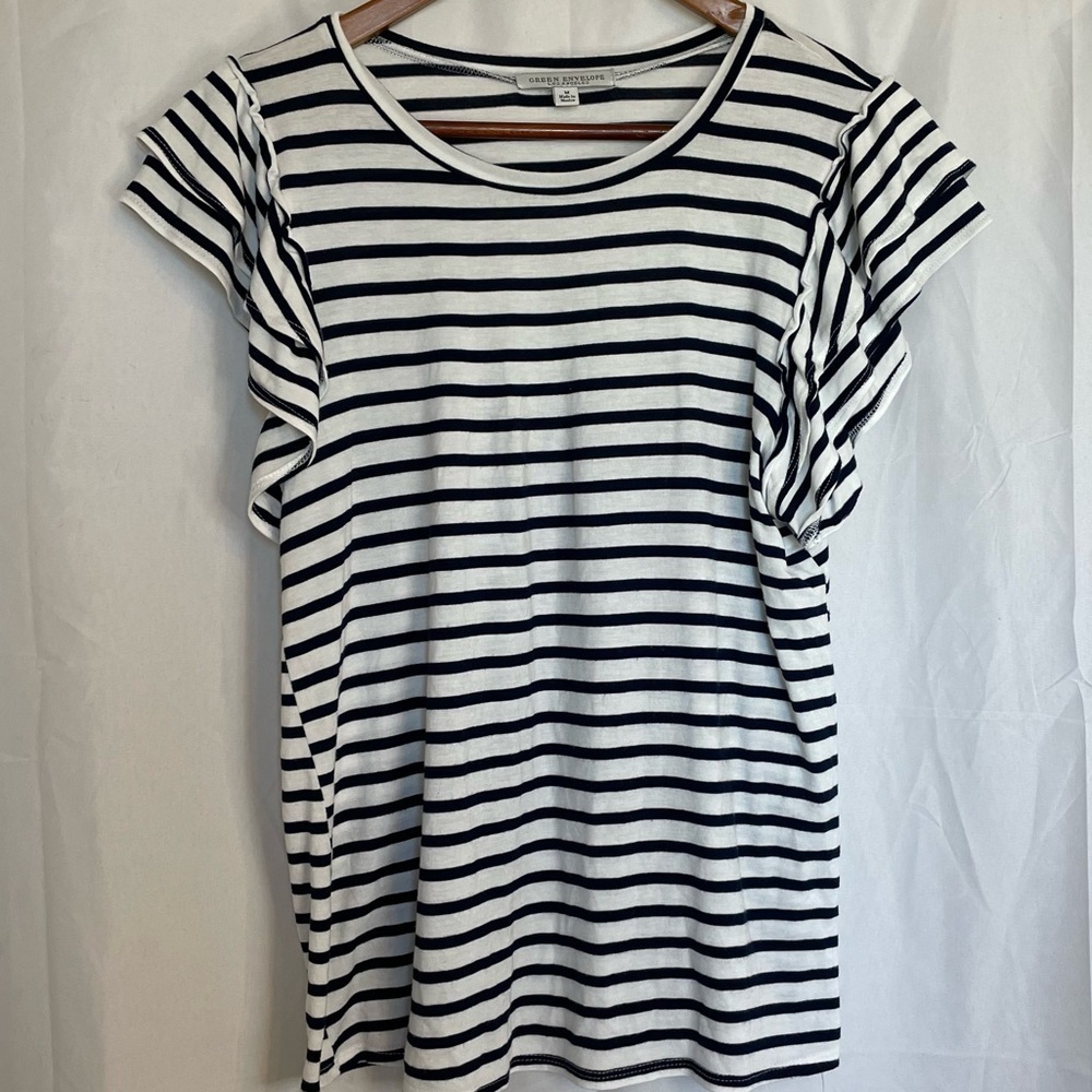 GREEN ENVELOPE Women’s White Shirt Navy Stripe Ruffle Sleeve Round Neck Medium